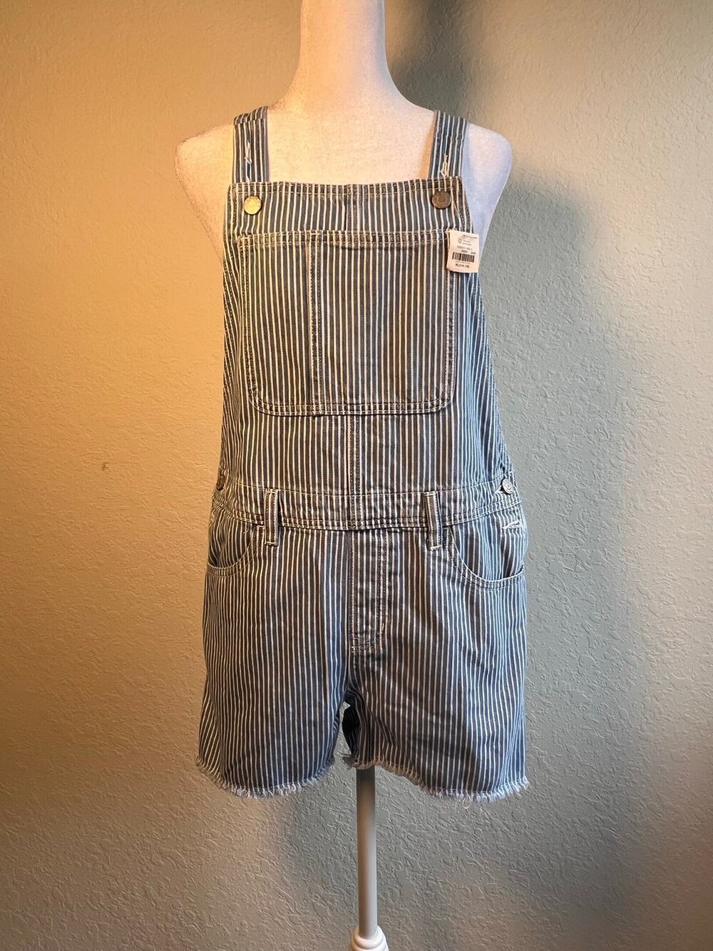 Old Navy XL Hickory Stripe Denim Short Overalls NWT